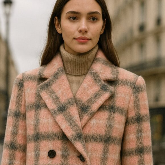 LOFT Wool Blend Coat Pink Gray Plaid Double Breasted Long Winter Overcoat XLT - Picture 5 of 10